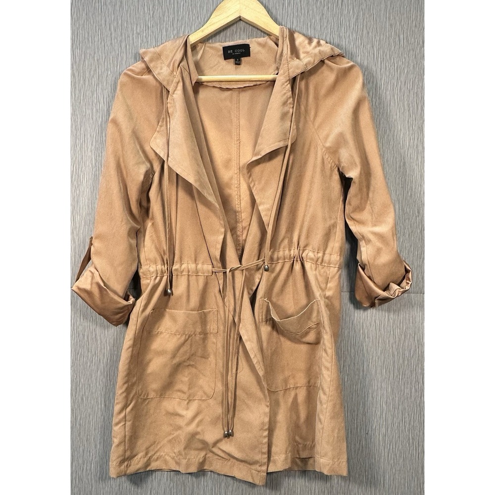 Be‎ Cool Utility Jacket Hood & Open Front Faux Suede Coat Adj Sleeves Size Small